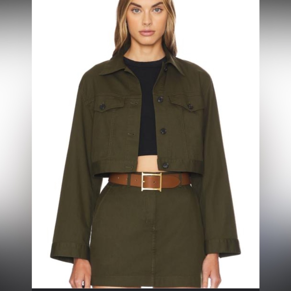 NWT $395 Theory Womens Crop Trucker Jacket Dark Olive Geen button Large